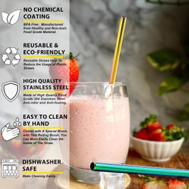 Anaeat 6 Pack Reusable Food-Grade Stainless Steel Straws, Durable Long Metal Drinking Straw with Cleaning Brush & Travel Case - 2 Bent, 2 Straight & 2 Boba Straws for Smoothie, Bubble Tea (Rainbow)