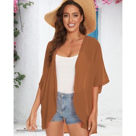Women Kimono Cardigans Swimsuit Cover Ups Hawaiian Blouse Loose Fitting Caramelus Size Tops(Caramel,M)