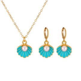 Fuqimanman2020 Seashell Pearl Pendant Necklace Earrings Set for Women Boho Enamel Shell Scallop Necklace Earrings Summer Beach Holiday Jewelry-Blue