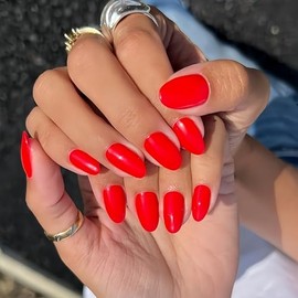 KQueenest Rojo Claro Presione En Uñas Ovaladas Cortas, Clavos Acrílicos Presione Ons, Clavos Cortos de Almendra Pegamento En, Uñas Falsas Redondas de 
