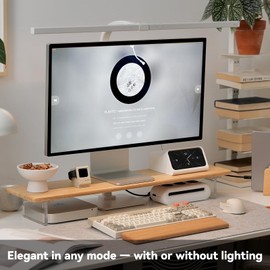 ROCDEER Bamboo Monitor Stand Riser with RGB Lights,31.5 Inches Desktop Shelf with Acrylic Legs Supports for Desk, PC Computer Monitor, Laptops, Printer, Speakers (Natural)