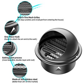 3 inch Round Wall Vent Cap, piiyoosnn 304 Stainless Steel Air Vent,Hemispherical Grille Ventilation Cover External Extractor for Outdoor Black Baked Paint proces (3-inch（70mm）Black Paint)