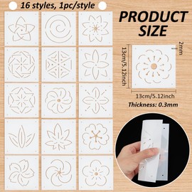 BENECREAT 16Pcs Plastic Sashiko Stencil, 5x5inch Flower Patterns Embroidery Tool Drawing Line Template for Hand Quilting and Embroidery, 0.3mm Thick