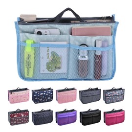 JJ PRIME - Multi Compartment Bag Handbag Insert | Expandable Handbag Organiser Insert | Light Blue Tote Bag Organiser Insert | Tote Bag Divider Organiser with 13 Pockets (Polka Dots, Light Blue)