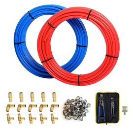 GUOFIS 1/2" PEX-B Pipe Kit, 200ft Blue & Red PEX Tubing, 15 Brass Fittings, 50 Clamps, Crimper & Cutter Tools