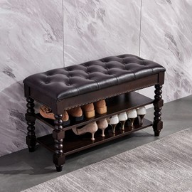 HOOTSMALL Shoe Storage Bench with Cushion, Entry Bench with Storage Solid Wood Shoe Bench Ideal for Entryway Living Room and Corridor (Walnut 31.5'')