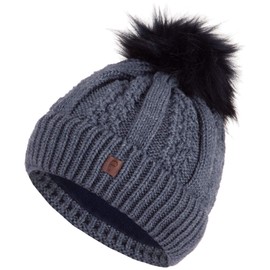 Faera Winter Hat Women's Warm Lined Faux Fur Bobble Hat Cable Knitting Pattern Fleece Lining Bobble Winter Autumn Knitted Hat Beanie Girls 61, blue