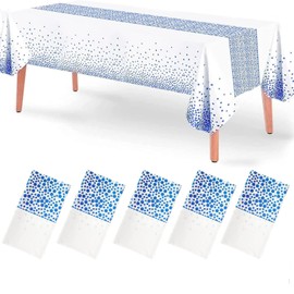 5 Pack Disposable Plastic Tablecloth,137x274cm Gold Stamping Dot Rectangular Table Cloth,Suitable for Patio Barbecues, Weddings, Parties, Holidays, Cafeterias. (White and Blue)