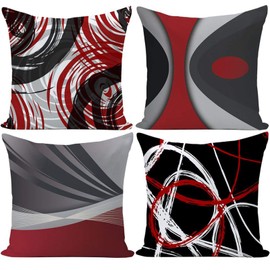 EZVING Set of 4 Throw Pillow Cover Modern Abstract Red Stripe Black White Gray Acrylic Bold Grey Decorative Pillow Cases Home Decor Square 20x20 Inches Pillowcases