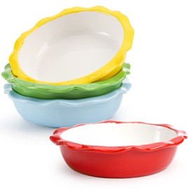 Lawei 4 Pack Ceramic Pie Pans, 6.5 inch Mini Pie Dish, 12 Oz Individual Pie Plate for Dessert Kitchen, Round Baking Dish Pan with Ruffled Edge for Dinner, Dishwasher & Microwave & Oven Safe