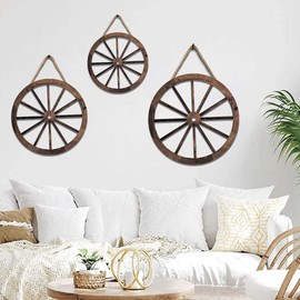Marjoramy 3 Pcs Wooden Wagon Wheel Wall,Art Vintage,Rustic Round Wood Cartwheel Decor Decorative,Old Western Style 3D Hanging Plaque for Bar,Garage,Home,Office,Indoor Outdoor (Brown)