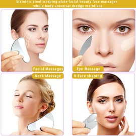 ROOFEI 3 x Gua Sha Stone - Stainless Steel Gua Sha Stone, Gua Sha Massage Tool, for Jaw Shaping & Swelling Reduction & Slimmer Face & Contouring - Lymphatic Drainage Massage Scraper (Silver)