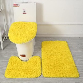 Lifup Bath Mat Set, 3-Piece Non-Slip Shaggy Bath Mat, Fluffy Contour Bath Mat, Long Pile Toilet Seat Cover, Yellow