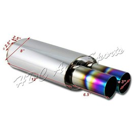 S SIZVER Weld-On Universal Muffler 3" Dual Rainbow Burnt Tip 2.5" Inlet T-304 Stainless Exhaust Muffler