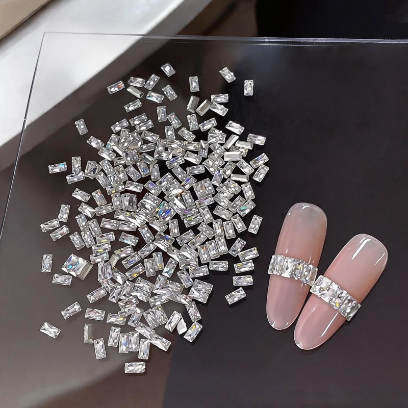 100Pcs Shiny Silver Rectangular Zircon Nail Rhinestones, 0.059×0.118 Inch Mini