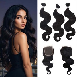 BIG G Hair HD Lace Closure 5x5 Invisible Knots Lace Closure with 3 Bundles, Vietnamese Water Body Wave 100% Human Remy Hair with Transparent Lace Closure Natural Color 16 18 20+14 Closure