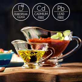 Crystalia Gravy Boat Saucer Set Clear Glass, Large and Small Condiment Appetizer Serving Bowl with Easy Grip Handle, Lead-Free Premium Clear Glass Set of 2