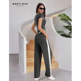 BeryLove Women's 2 Piece Outfits Lounge Sets Slim Short Sleeve Tops Wide Leg Pants Sets Tracksuits Match Sets 605 Black M