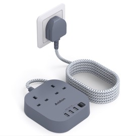 Extension Lead, Power Strips with 2 Way Outlets 4 (4.5A, 1 Type C and 3 USB-A Port) Surge Protection Plug Extension Socket with 1.6 Meter Braided cord for Home Office (Gray)