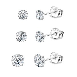 Cubic Zirconia Stud Earrings Set of 3 Women Men Silver 925 3 Pairs Cubic Zirconia Earrings Set for 3 Pierced Ears, Cubic Zirconia, Cubic Zirconia
