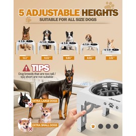 Jovrun Elevated Dog Bowls, Dog Feeder with Stainless Steel Dishes & Slow Feeder Bowl, 5 Heights Adjustable Raised Stand for Medium Large, Food Dishes with Non-Slip Feet