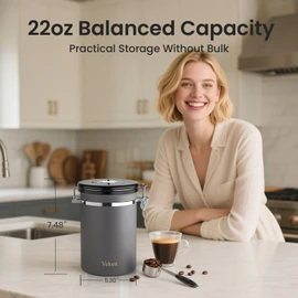 Veken Coffee Canister, Airtight Stainless Steel Kitchen Food Storage Container with Date Tracker and Scoop for Grounds Coffee, Beans, Tea, Flour, Cereal, Sugar, 22OZ, Gray