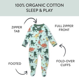 HonestBaby Sleep and Play Footed Pajamas One-piece Sleeper Jumpsuit Zip-front Pjs Organic Cotton for Baby Girls, Unisex, Dino Mite Athlete Eggs, 6-9 Months