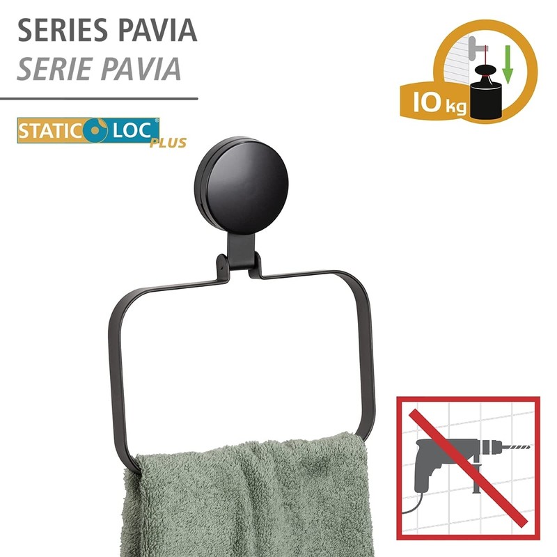 WENKO Static-Loc® Plus Pavia Black Towel Rail, Attachment without Drilling,
