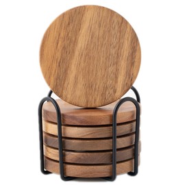 Juego de 6 posavasos de madera para bebidas, proteccin de mesa con soporte, posavasos de madera de acacia para mesa de caf, mesa de comedor, redondos 
