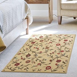 Ottomanson Ottohome Collection Non-Slip Rubberback Floral Leaves Design 3x5 Indoor Area Rug, 3'3" x 5', Beige
