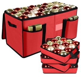 Christmas Ornament Storage Box with Dividers, Christmas Balls Storage Containers with Zipper & 8 Removable Trays, Holds Up to 128 Balls - 600D Oxford Christmas Decoration Storage Organizer, Red