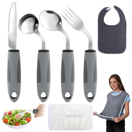 6 Pcs Adaptive Utensils Set, Weighted Utensils for Hand Tremors, 45° Angled Parkinsons Utensils for Elderly Arthritis Weak Hand Grip Seniors, Includes Storage Pouch & Eating Bib