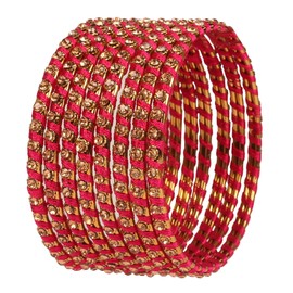 Touchstone Silk Thread Bangle Collection Indian Bollywood Hand Woven Silk Thread Rani Colour Rhinestone Designer Jewellery Special Extra Large Size Bracelets Bangle Set of 8 for Women