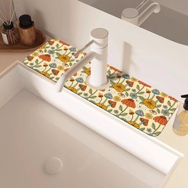 Abstract 70s Mushroom Floral Sink Faucet Absorbing Mat Sink Splash Guard Faucet Mat Draining Mat Fast Drying Sink Protectors for Kitchen and Bathroom 5.5"×15"