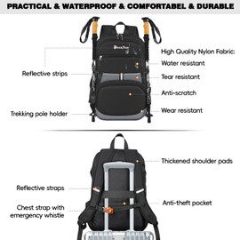 Seektop 40L Hiking Backpack Waterproof Foldable Daypack for Women Men, Lightweight Travel Backpack Carry on Flight Approved Work Business Leisure Bag (Black)
