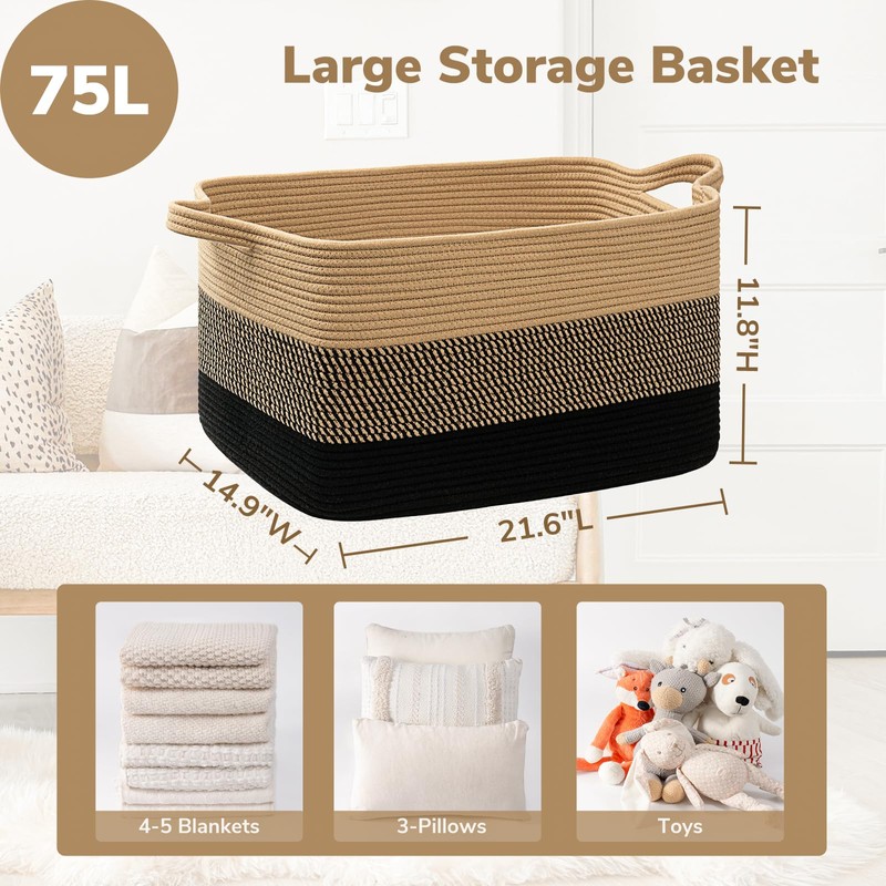 Goodpick Woven Blanket Basket, 21.6" x 14.9" x 11.8" Wicker