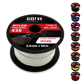 GO!elements 50 m Paracord Rope Made of Tear-Resistant Nylon - 3 mm Paracord 425 Type II Max. 192 kg - Cords as Outdoor Rope, All-Purpose Rope, Survival Rope, Bracelet, Dog Lead, Nylon Cord, Colour: