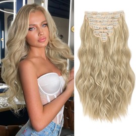 Clip in Hair Extensions for Women, 8PCS 20 Inch Wavy Ash Blonde Mixed Light Blonde Hair Extensions Clip Ins Mix Blonde, Synthetic Long Hairpieces for Women