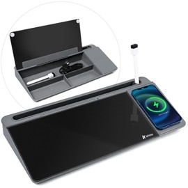 Varhomax Glass Desk Whiteboard with Wireless Charger, Desktop Organizer Dry Erase White Board with Storage, to Do List Memo Notepad for Home Office and School Supplies (Gray & Black)