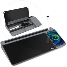 Varhomax Glass Desk Whiteboard with Wireless Charger, Desktop Organizer Dry Erase White Board with Storage, to Do List Memo Notepad for Home Office and School Supplies (Gray & Black)