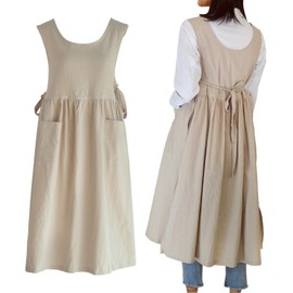 losofar losofar Women Plus Size Cotton Linen Vintage Pleated Split Apron Pinafore Dress with Two Pockets (beige, 43.4" L)