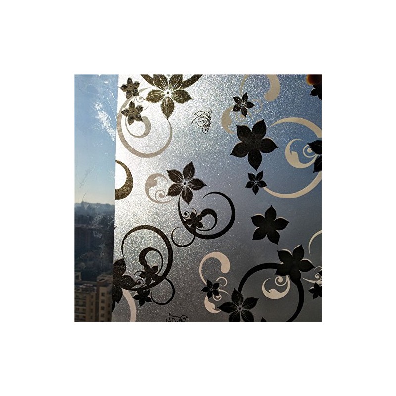 CVANU Printed Blue Flower Opaque Window Cling Frosted Vinyl Sheets