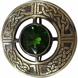 Men's Scottish Celtic Kilt Fly Plaid Brooch Antique Plated in Various Colour Stones (Green)