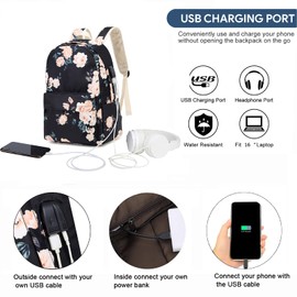 FADOVYE Floral School Backpack for Girls Women, Water Resistant Laptop Backpack with USB Charging Port and Headphone Interface, College Bookbag with Lunch Bag and Pencil Bag