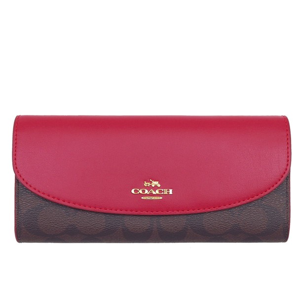 Coach F54022 Long Wallet, Brown x True Red, Signature Long