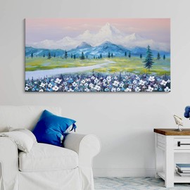 CHATYOUNG Wall Art for Living Room - Large Blue Mountain Landscape Flower Canvas Picture, Pink Sky Snow Paintings for Home Bedroom Dining Room Wall Artwork Decor 24x48In