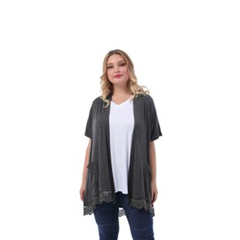 ZERDOCEAN Women's Plus Size Short Sleeve Lace Trim Lightweight Printed Drape Cardigan with Pockets Dark Gray 2X