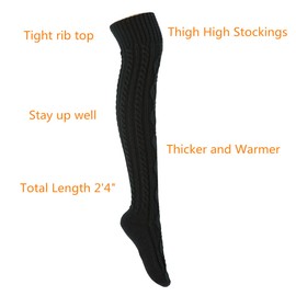 SherryDC Women's Cable Knit Boot Stockings Extra Long Thigh High Leg Warmers Winter Floor Socks Black