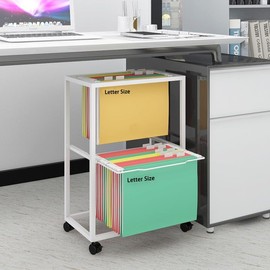 PUNCIA 2 Tiers Metal Rolling File Carts with Wheels Hanging Files for Letter Size Movable Pull-Out File Folder Rack Drawer File Cabinet for Home Office