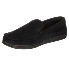 isotoner Men's Microterry and Waffle Travis Moccasin Slippers with Memory Foam Insole and Durable Rubber Outsole, Black, 13-14
